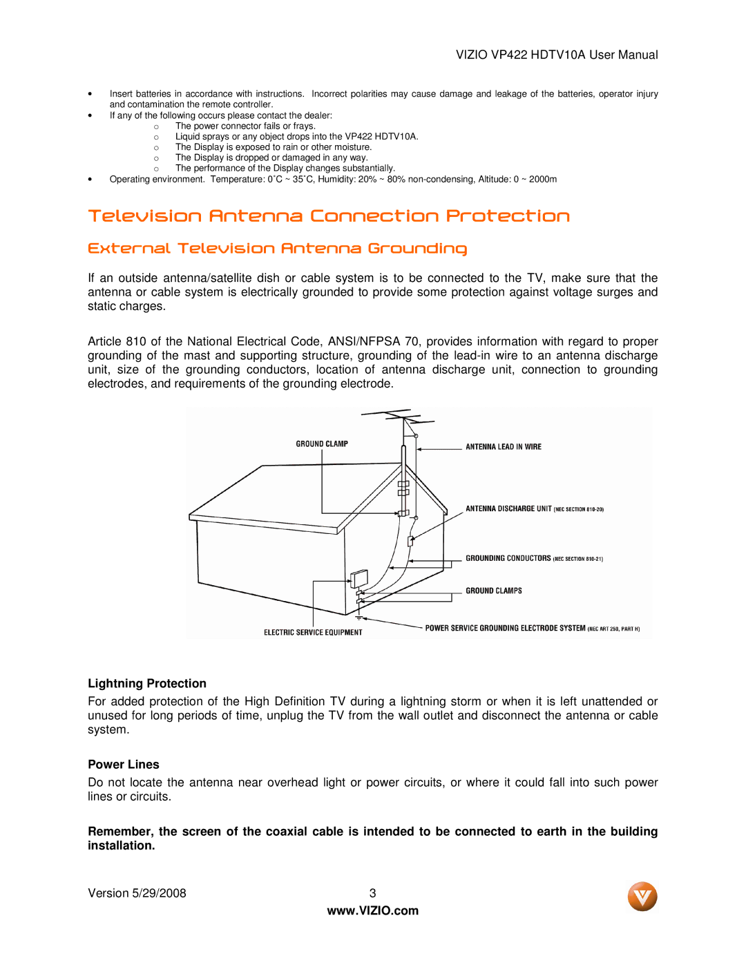 Vizio VP422 HDTV10A Television Antenna Connection Protection, External Television Antenna Grounding, Lightning Protection 