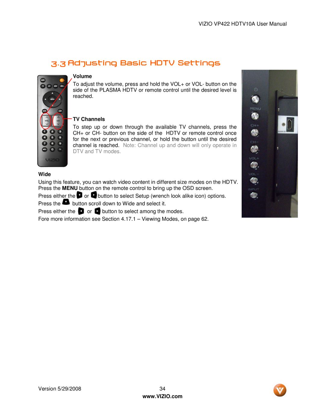 Vizio VP422 HDTV10A manual Adjusting Basic Hdtv Settings, Volume, TV Channels, Wide 