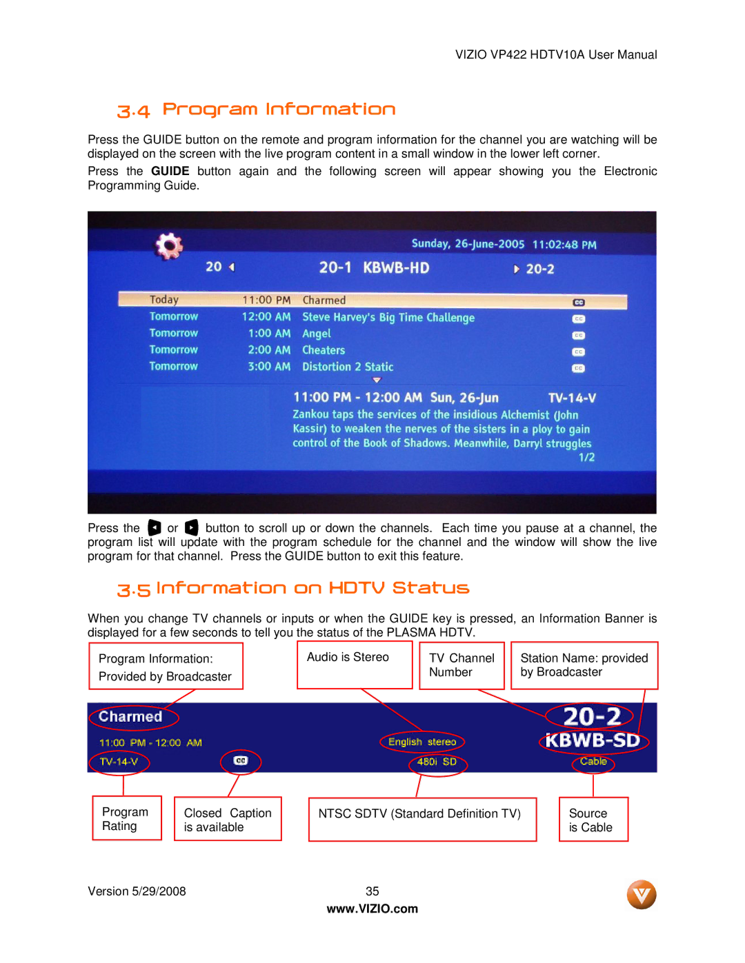Vizio VP422 HDTV10A manual Program Information, Information on Hdtv Status 