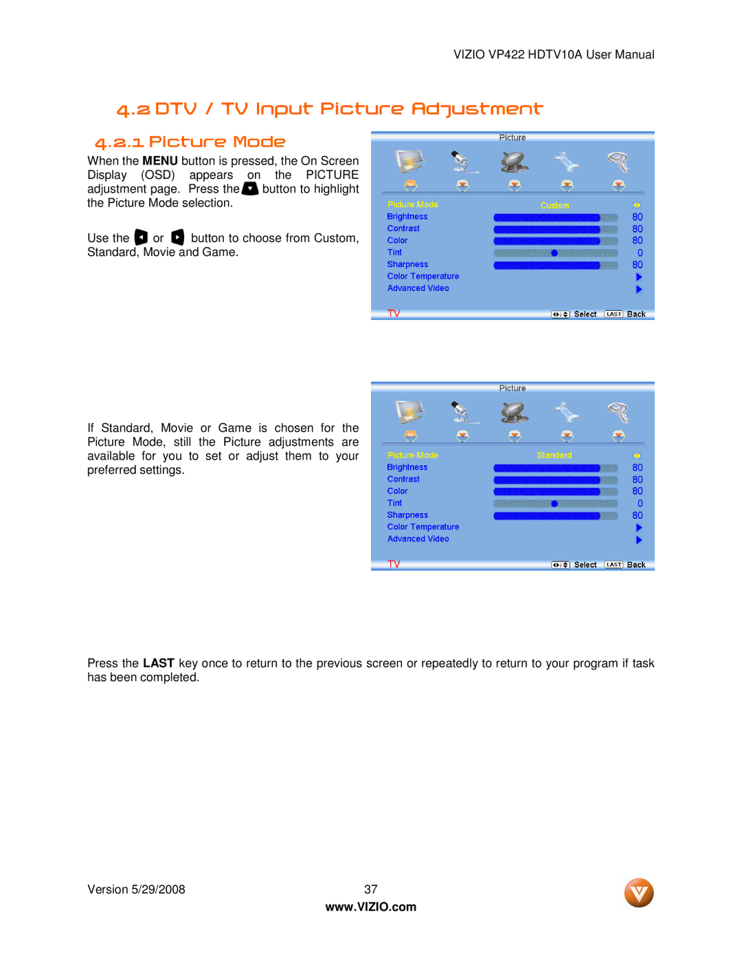 Vizio VP422 HDTV10A manual DTV / TV Input Picture Adjustment, Picture Mode 