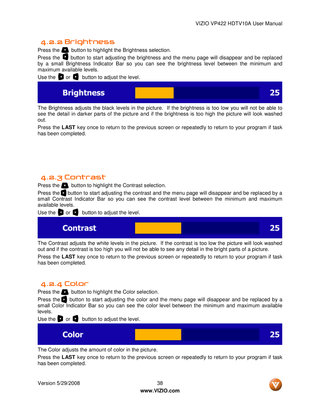 Vizio VP422 HDTV10A manual Brightness, Contrast, Color 
