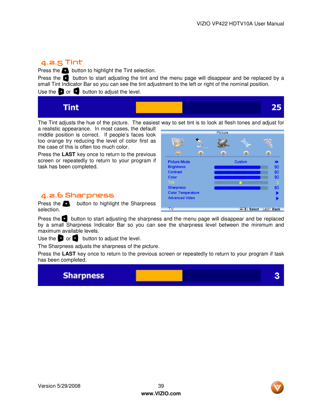 Vizio VP422 HDTV10A manual Tint, Sharpness 