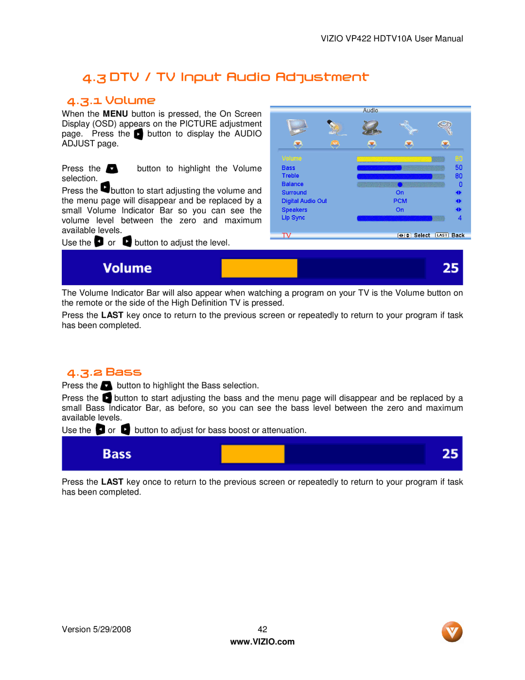 Vizio VP422 HDTV10A manual DTV / TV Input Audio Adjustment, Volume, Bass 