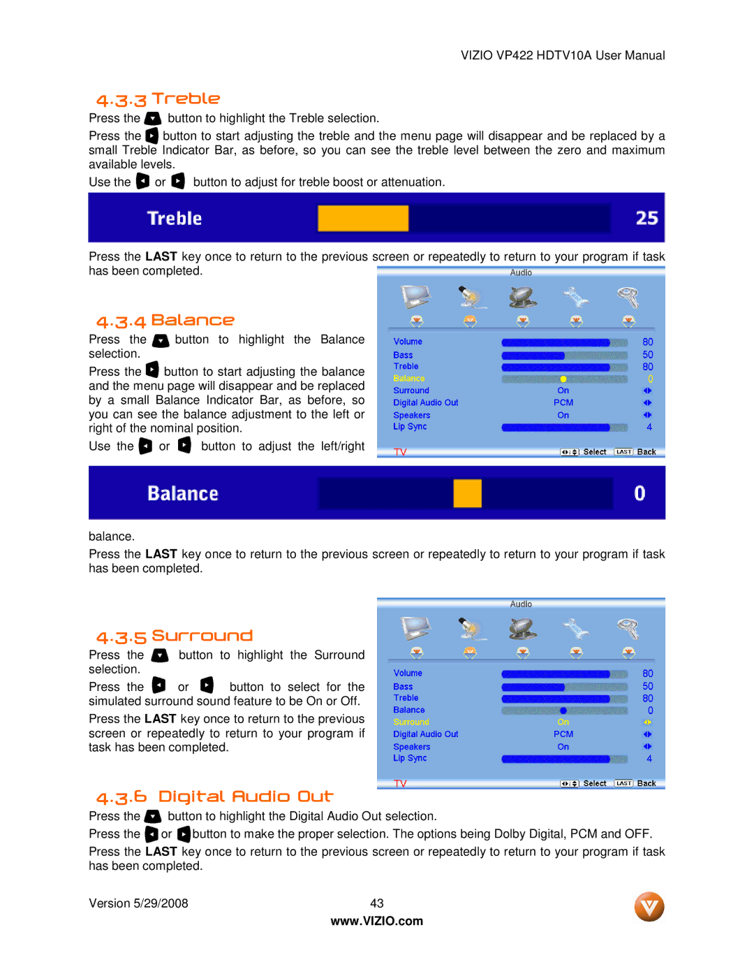 Vizio VP422 HDTV10A manual Treble, Balance, Surround, Digital Audio Out 