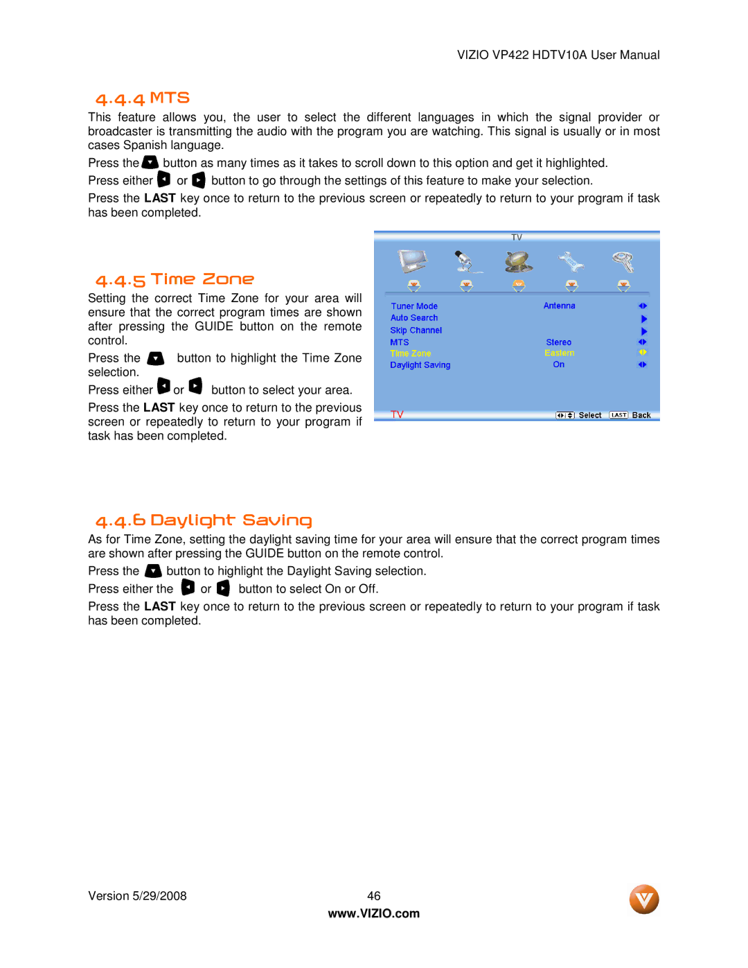 Vizio VP422 HDTV10A manual 4 MTS, Time Zone, Daylight Saving 
