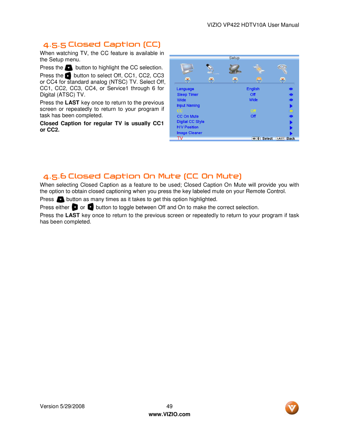 Vizio VP422 HDTV10A manual Closed Caption CC, Closed Caption On Mute CC On Mute 