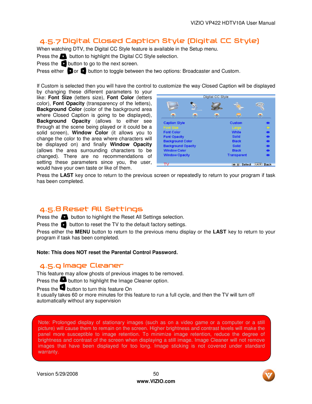 Vizio VP422 HDTV10A manual Digital Closed Caption Style Digital CC Style, Reset All Settings, Image Cleaner 