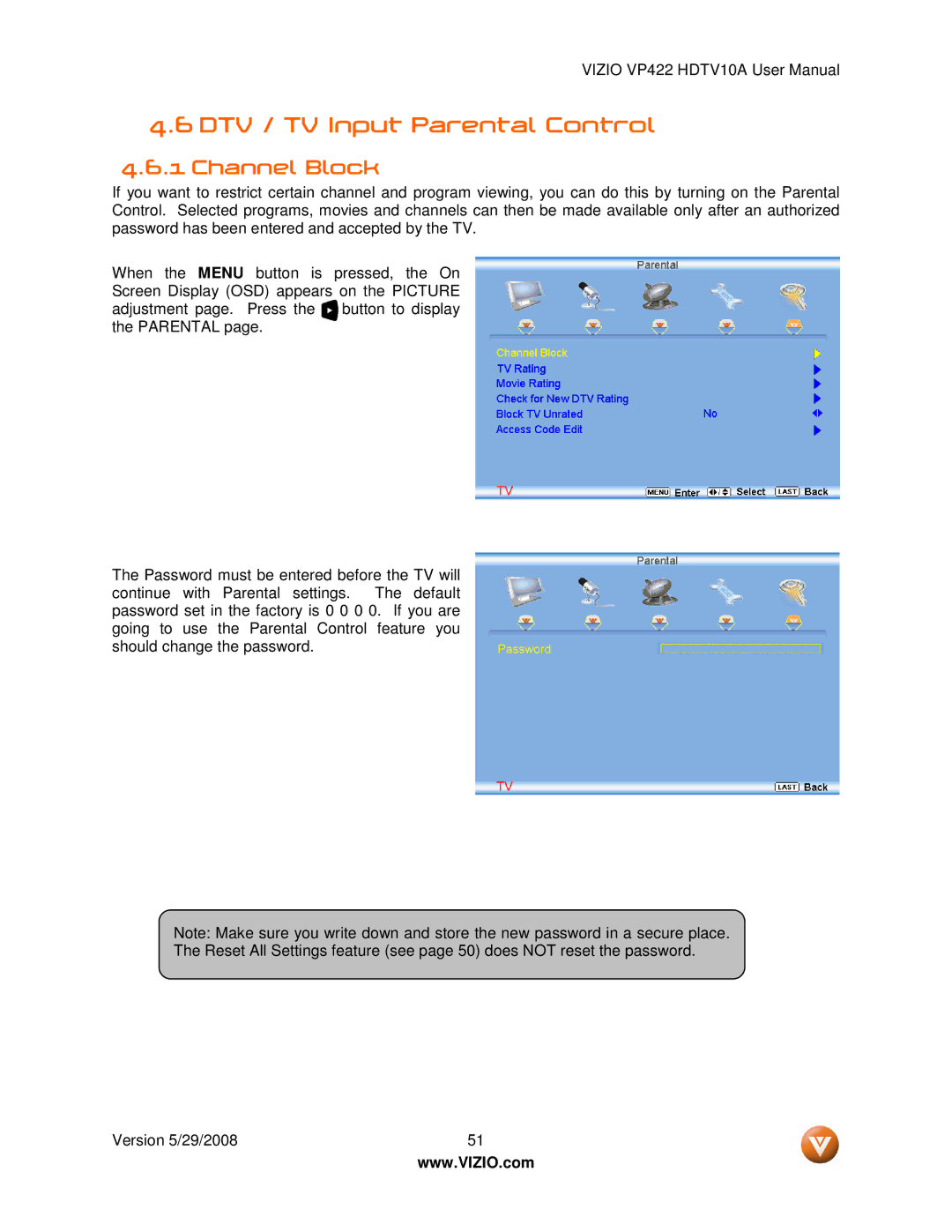 Vizio VP422 HDTV10A manual DTV / TV Input Parental Control, Channel Block 