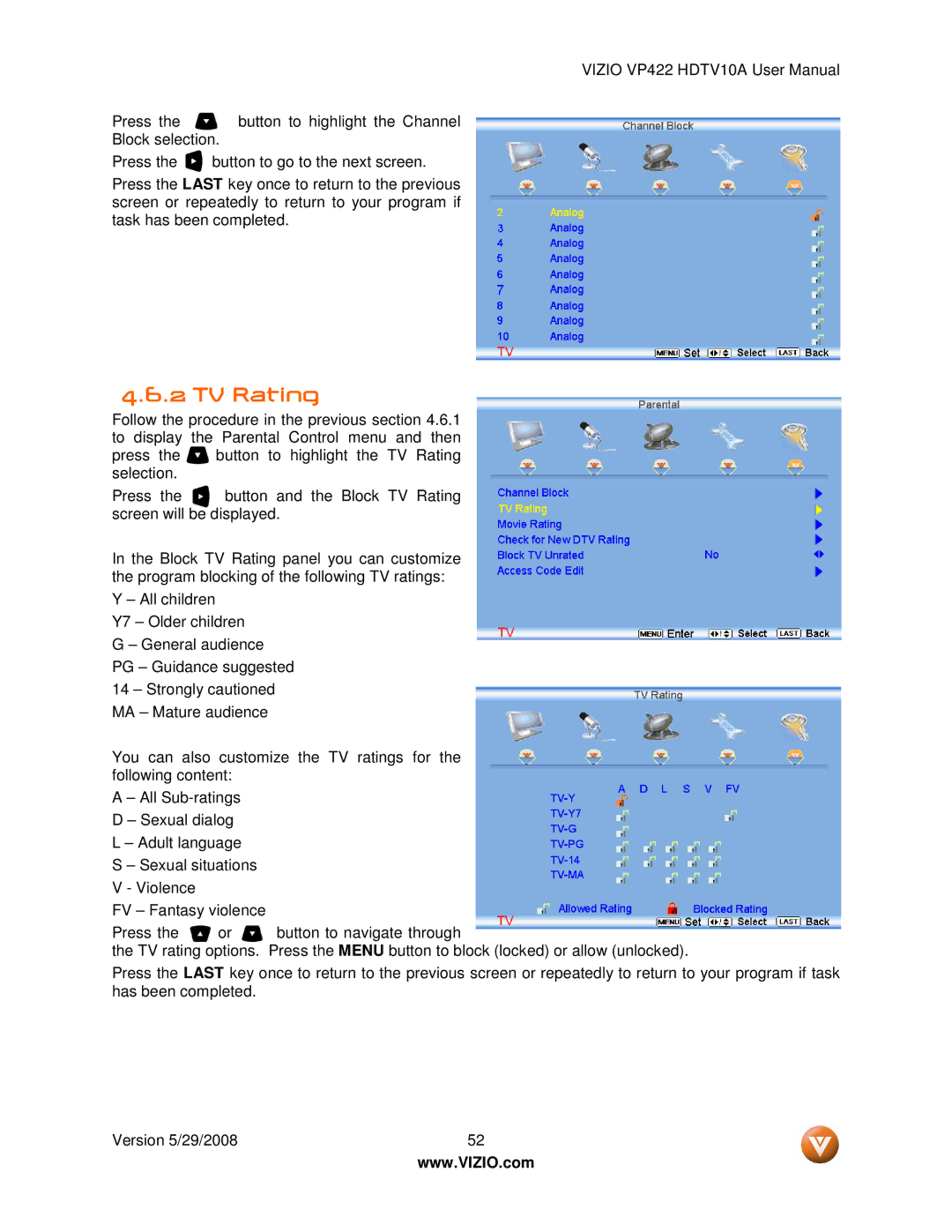 Vizio VP422 HDTV10A manual TV Rating 