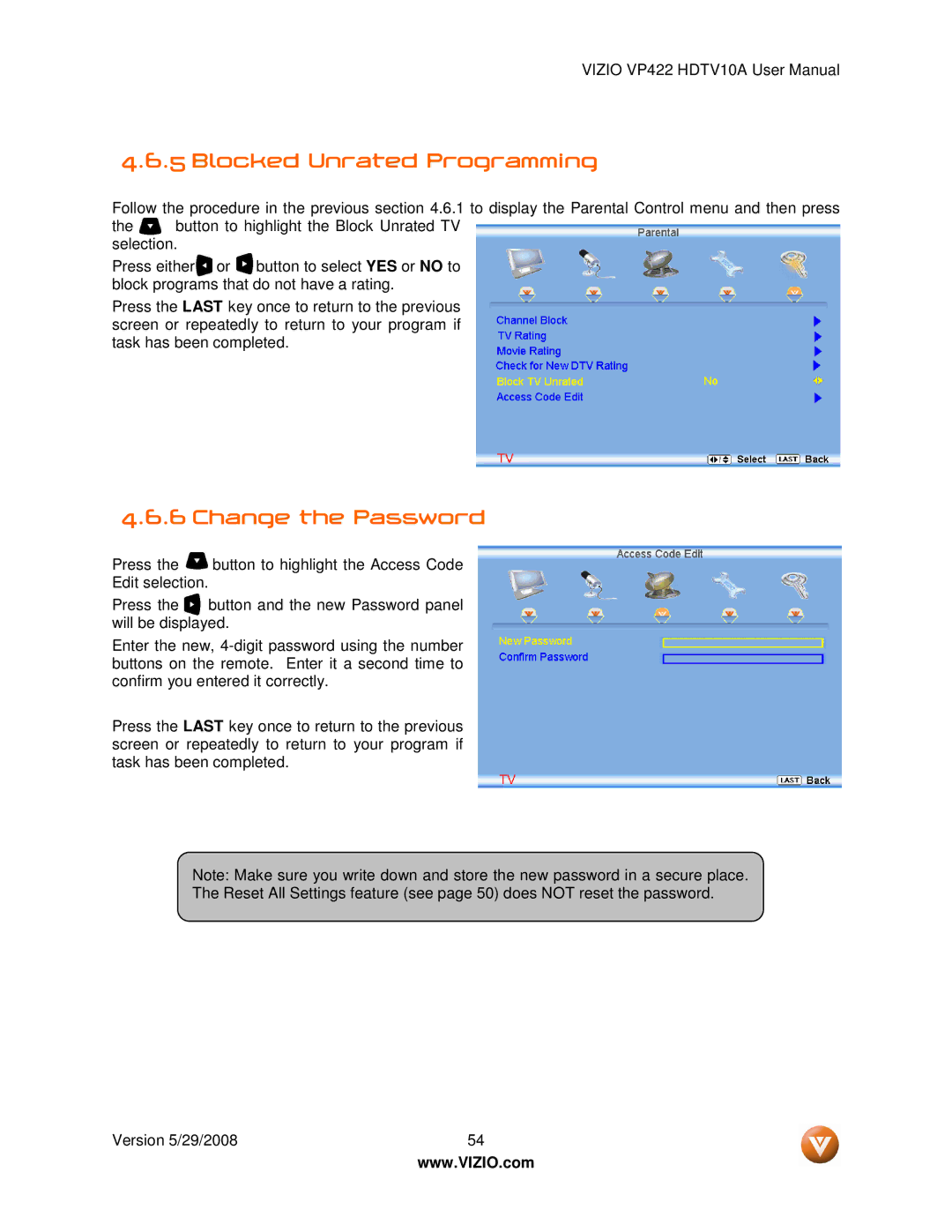 Vizio VP422 HDTV10A manual Blocked Unrated Programming, Change the Password 