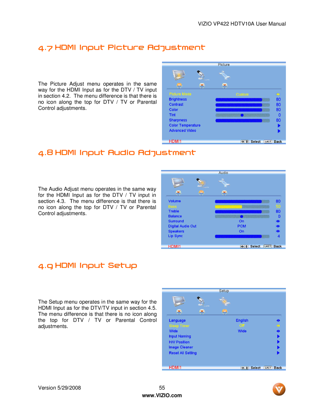 Vizio VP422 HDTV10A manual Hdmi Input Picture Adjustment, Hdmi Input Audio Adjustment, Hdmi Input Setup 