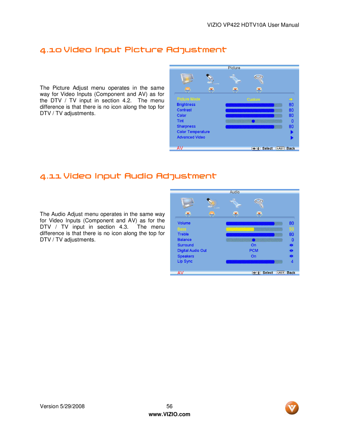 Vizio VP422 HDTV10A manual Video Input Picture Adjustment, Video Input Audio Adjustment 