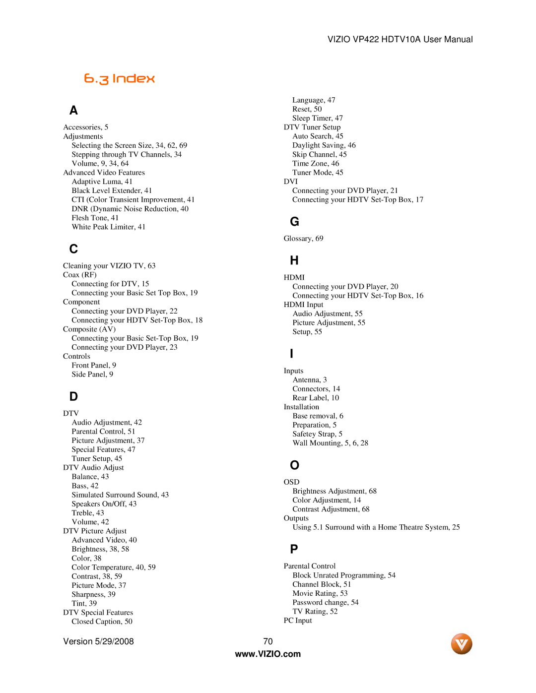 Vizio VP422 HDTV10A manual Index, Dtv 