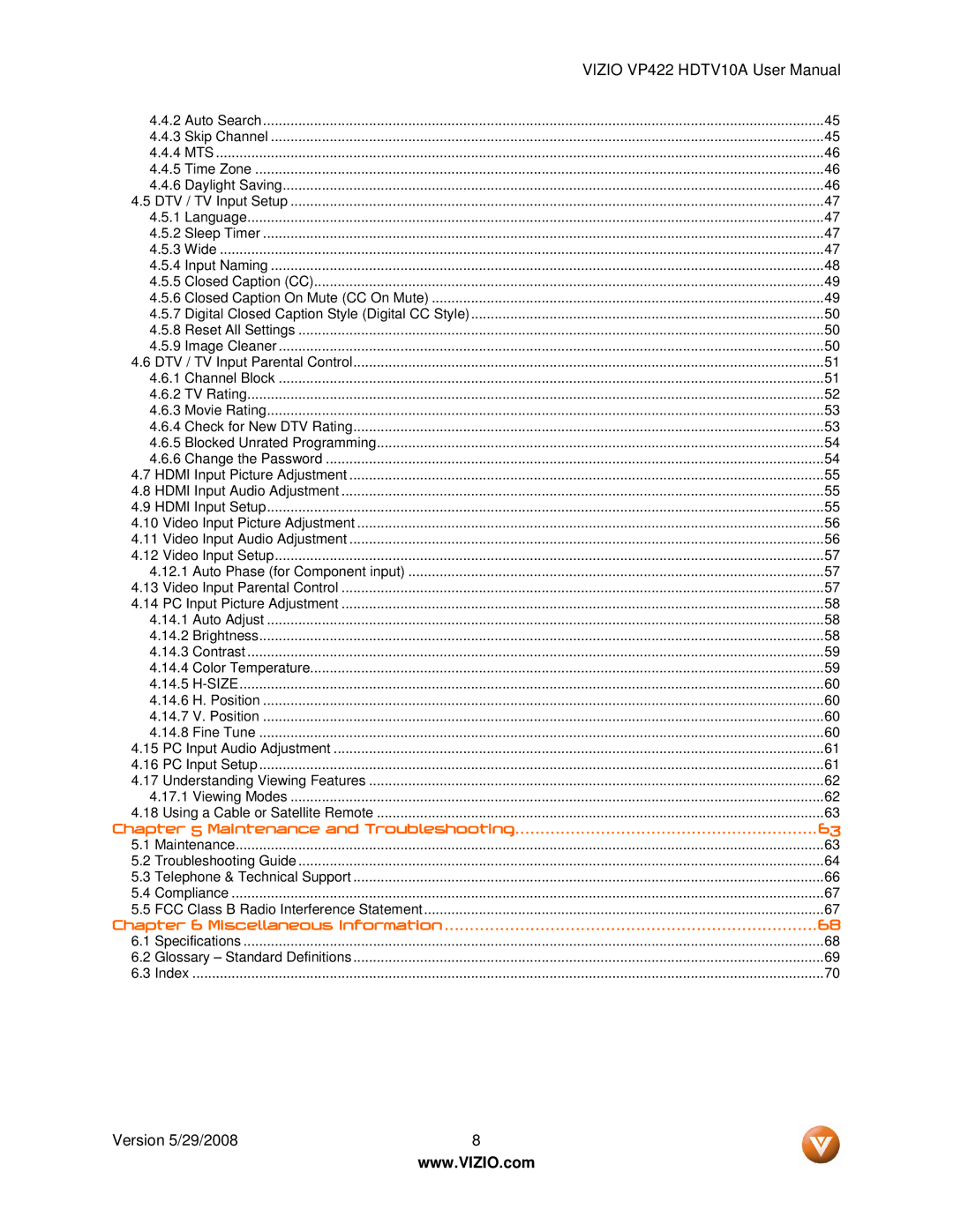 Vizio VP422 HDTV10A manual Miscellaneous Information 