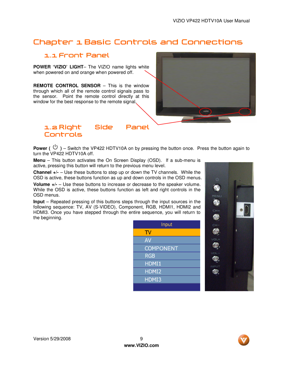 Vizio VP422 HDTV10A manual Front Panel, Right Side Panel Controls 