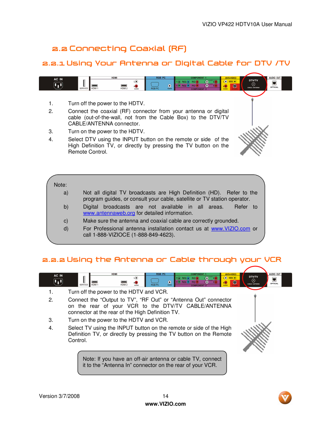 Vizio VP422 manual Connecting Coaxial RF, Using Your Antenna or Digital Cable for DTV /TV 