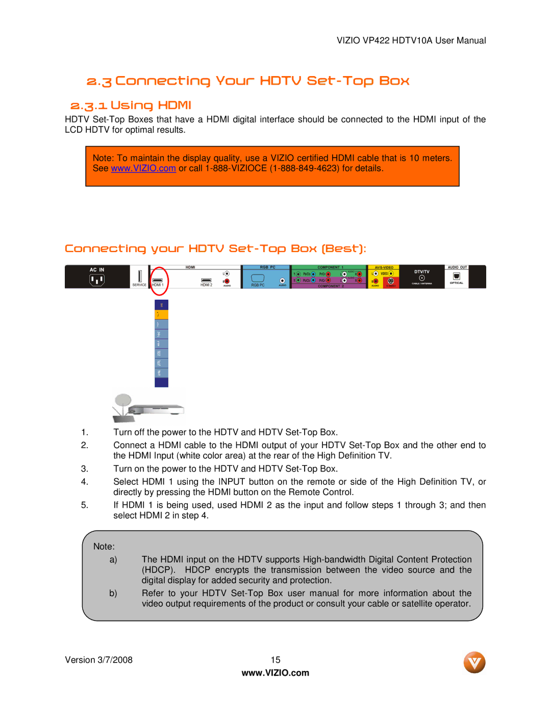 Vizio VP422 manual Connecting Your Hdtv Set-Top Box, Using Hdmi, Connecting your Hdtv Set-Top Box Best 
