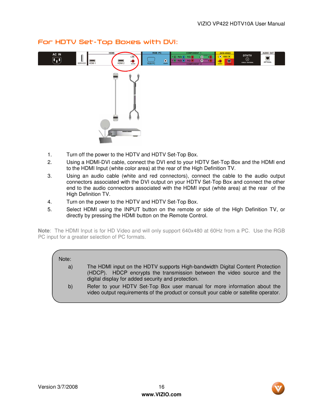 Vizio VP422 manual For Hdtv Set-Top Boxes with DVI 