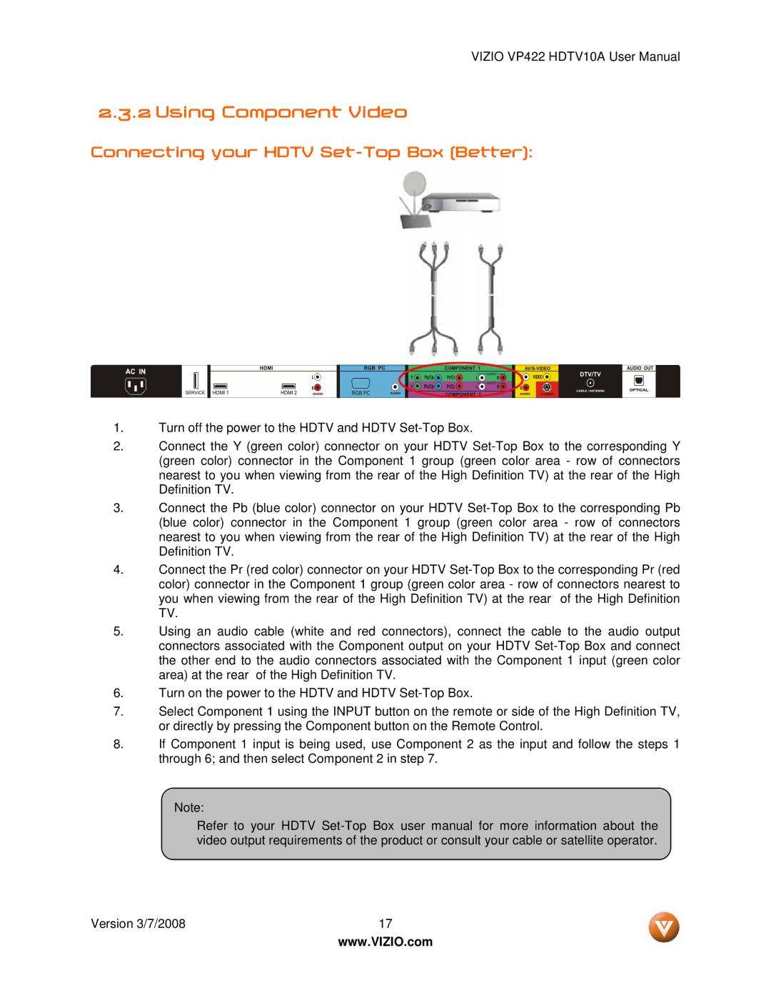 Vizio VP422 manual Using Component Video, Connecting your Hdtv Set-Top Box Better 