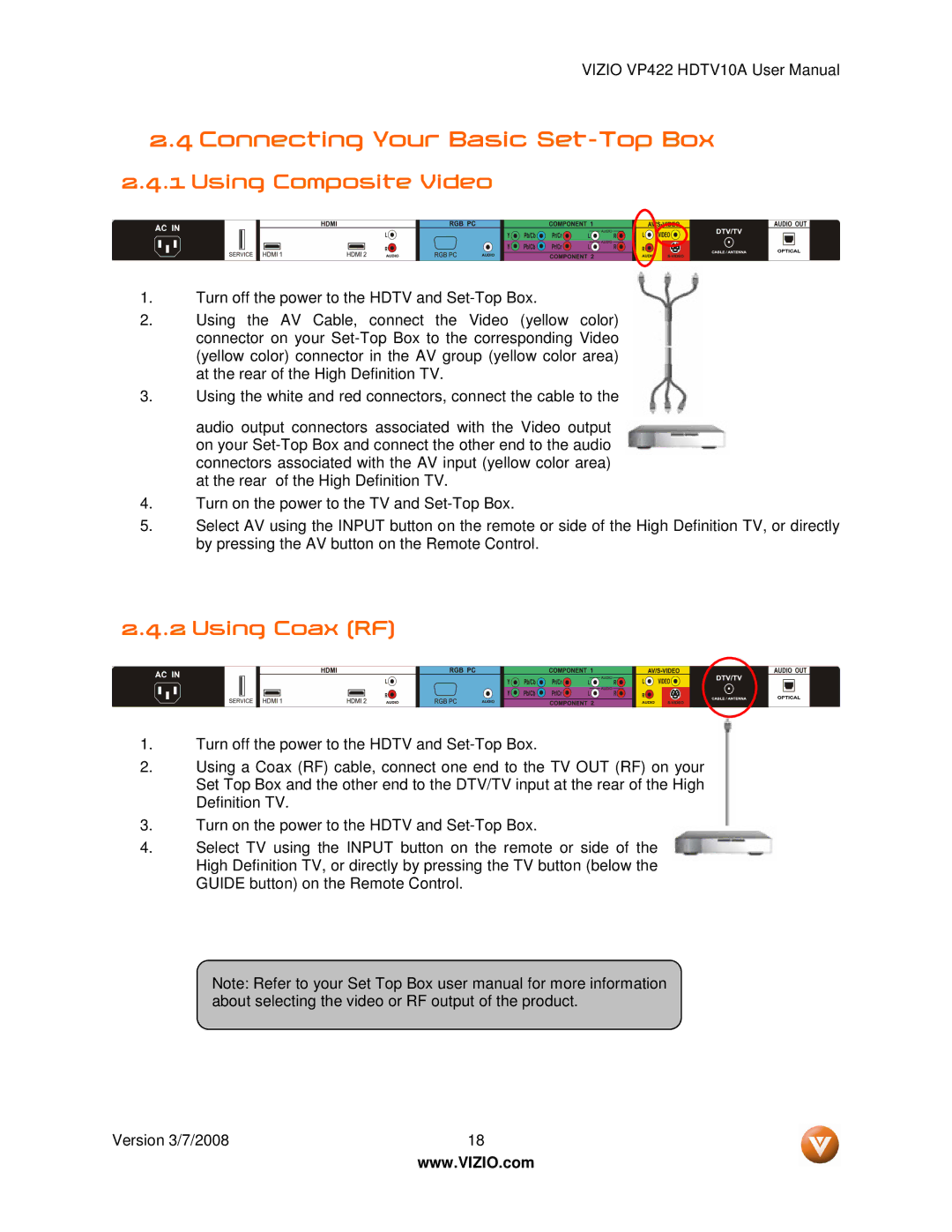 Vizio VP422 manual Connecting Your Basic Set-Top Box, Using Composite Video, Using Coax RF 