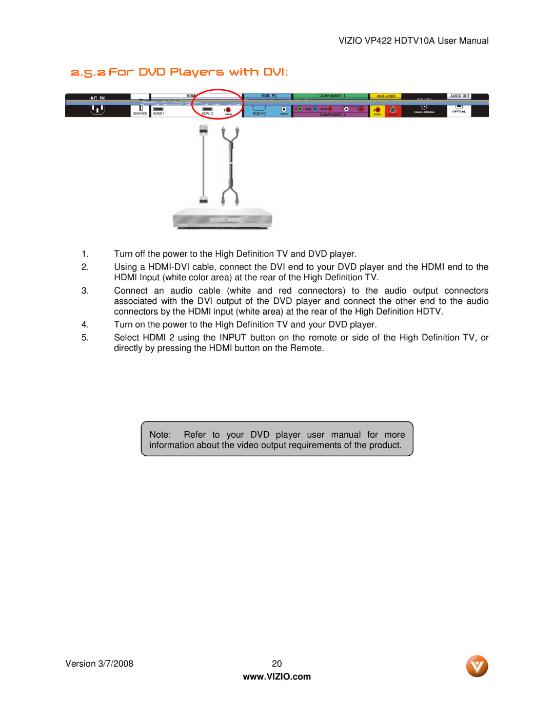 Vizio VP422 manual For DVD Players with DVI 