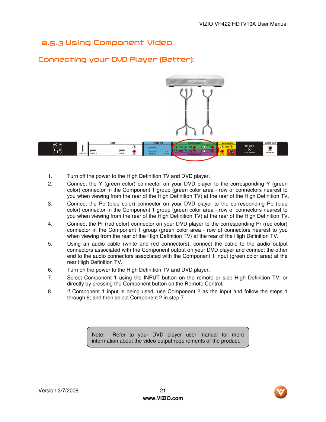 Vizio VP422 manual Using Component Video, Connecting your DVD Player Better 