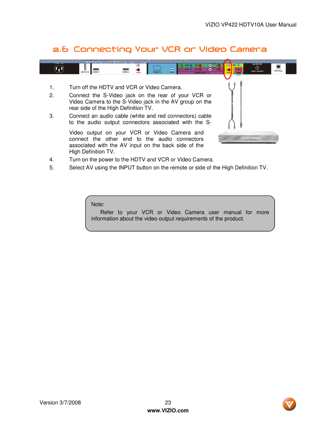 Vizio VP422 manual Connecting Your VCR or Video Camera 