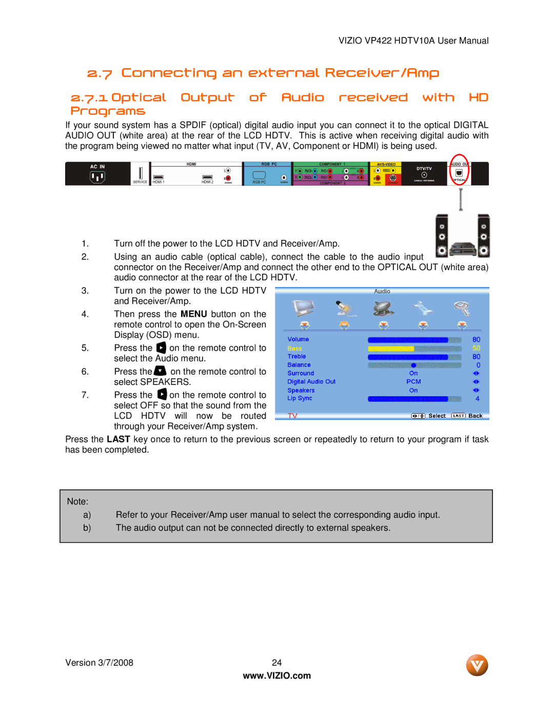 Vizio VP422 manual Connecting an external Receiver/Amp, Optical Output of Audio received with HD Programs 