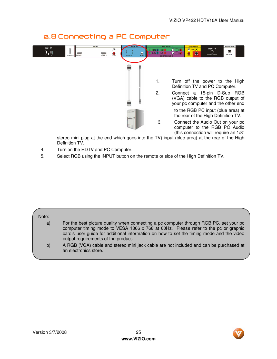 Vizio VP422 manual Connecting a PC Computer 