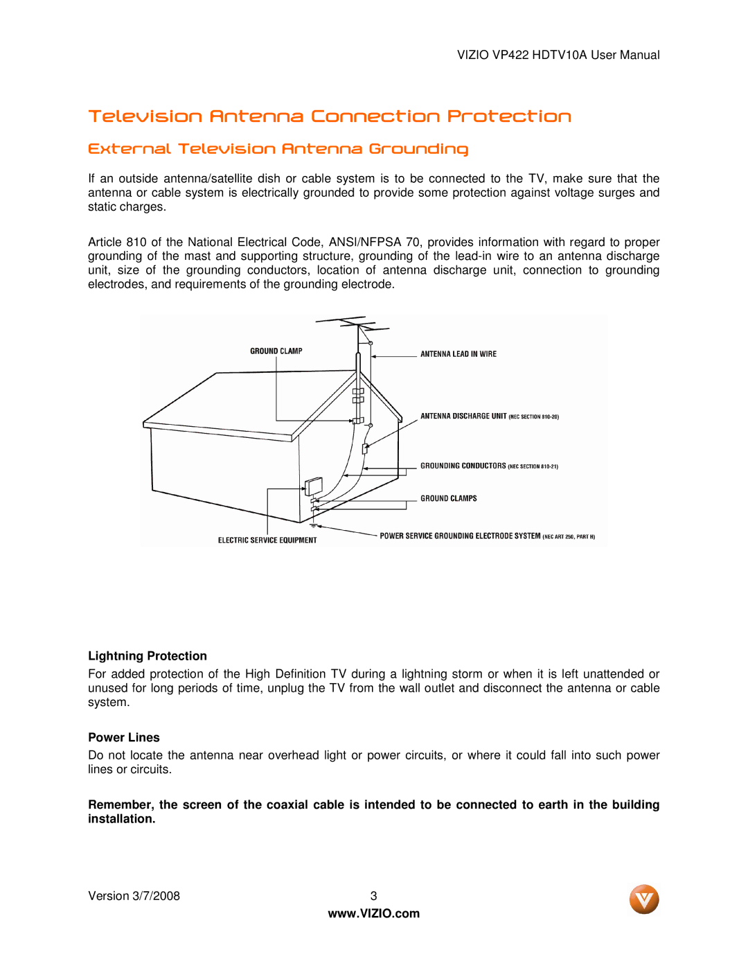 Vizio VP422 manual Television Antenna Connection Protection, External Television Antenna Grounding, Lightning Protection 