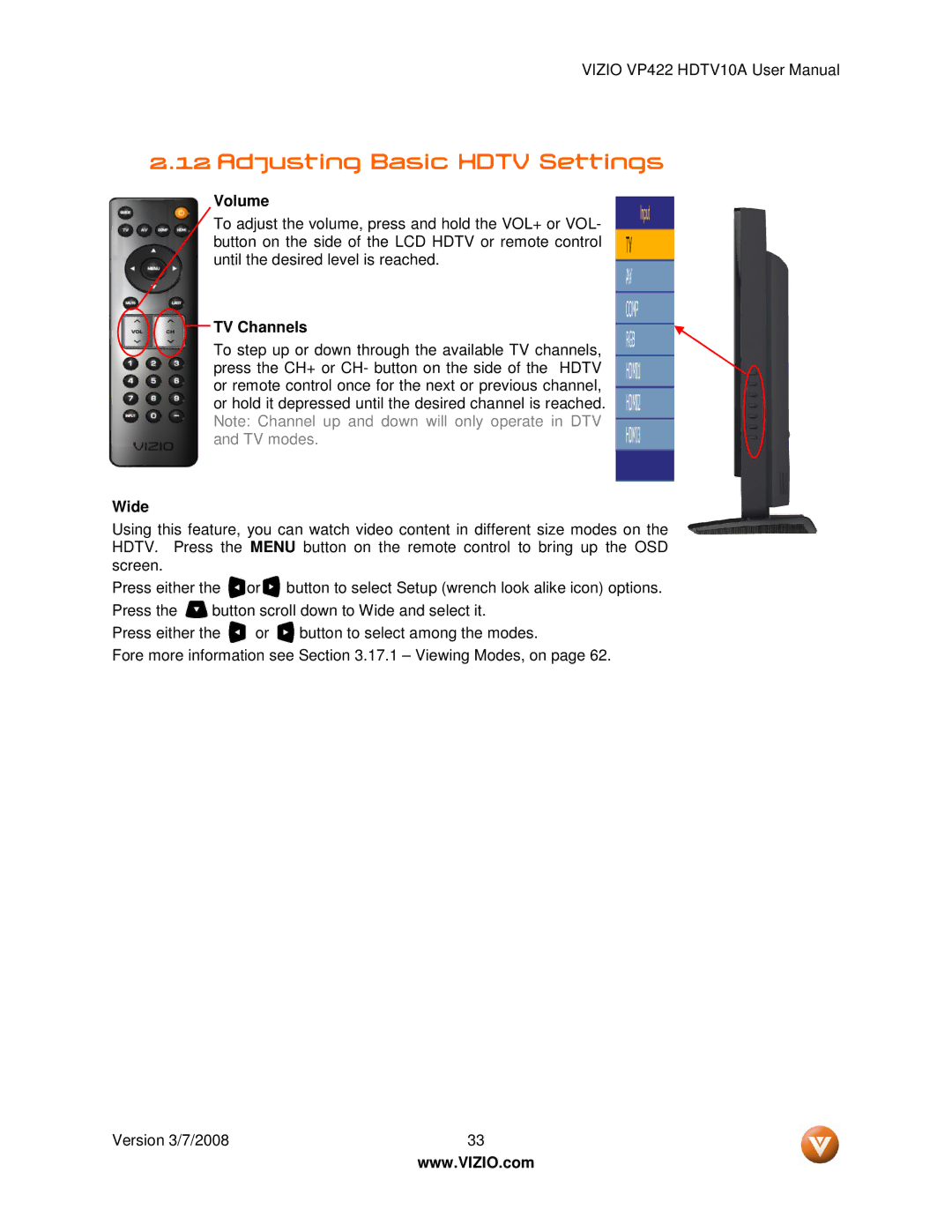 Vizio VP422 manual Adjusting Basic Hdtv Settings, Volume, TV Channels, Wide 