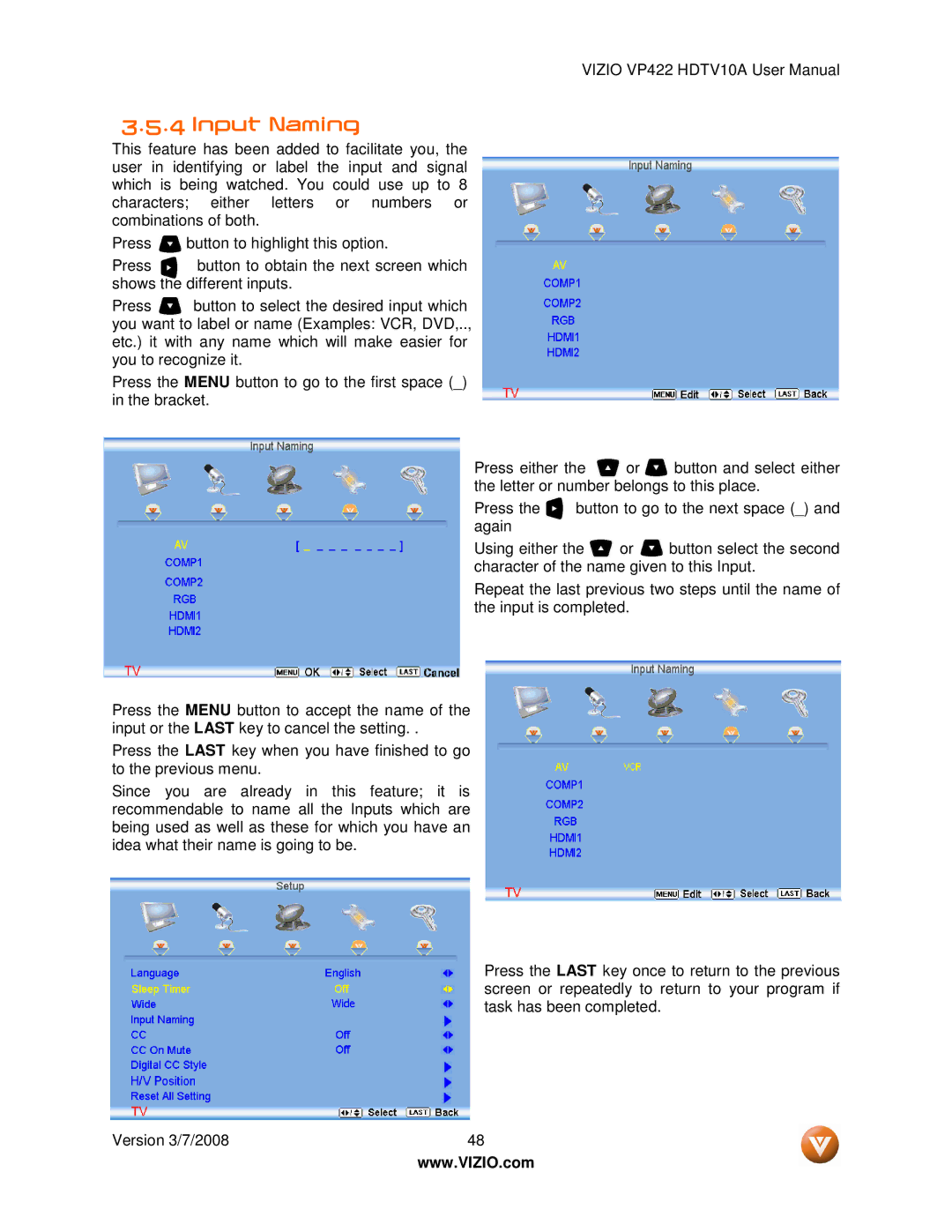 Vizio VP422 manual Input Naming 