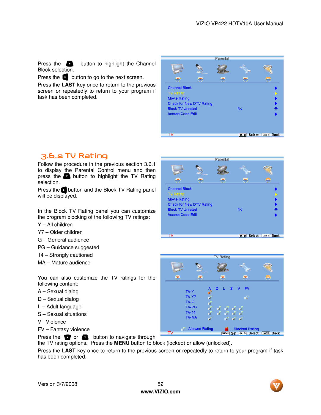 Vizio VP422 manual TV Rating 