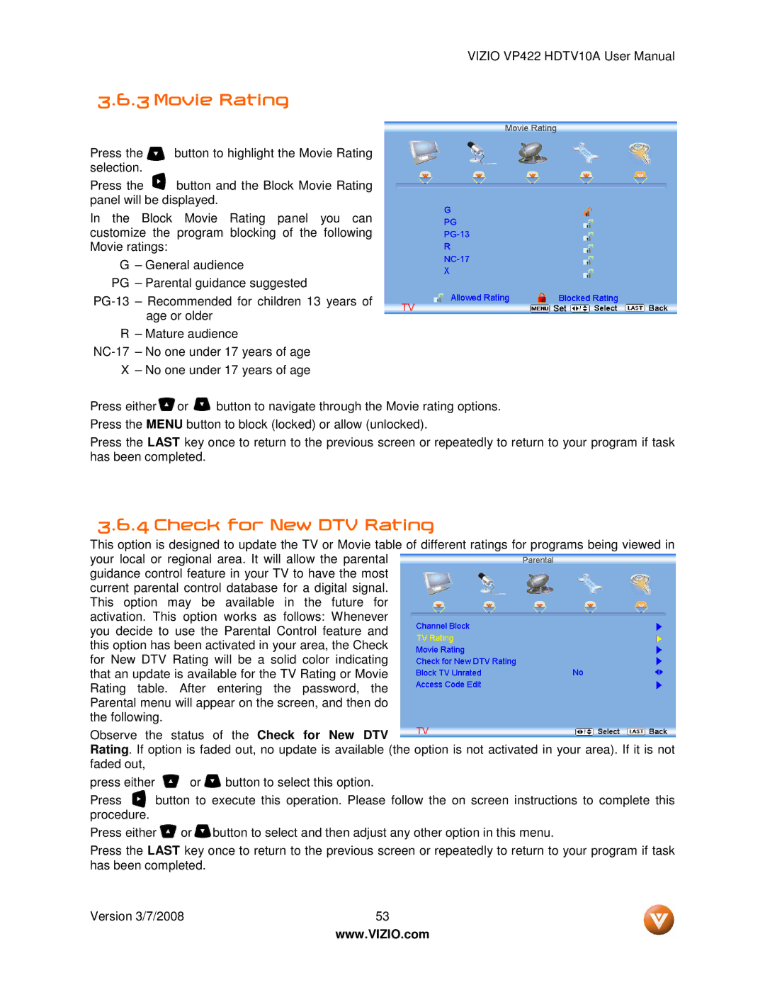 Vizio VP422 manual Movie Rating, Check for New DTV Rating 