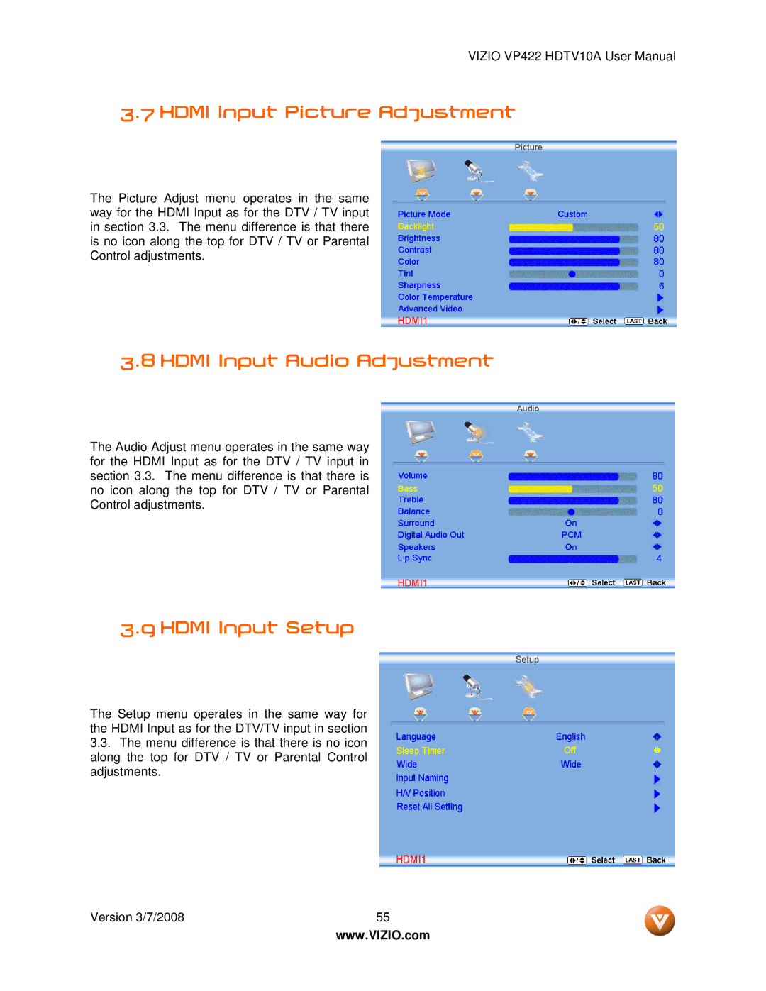 Vizio VP422 manual Hdmi Input Picture Adjustment, Hdmi Input Audio Adjustment, Hdmi Input Setup 