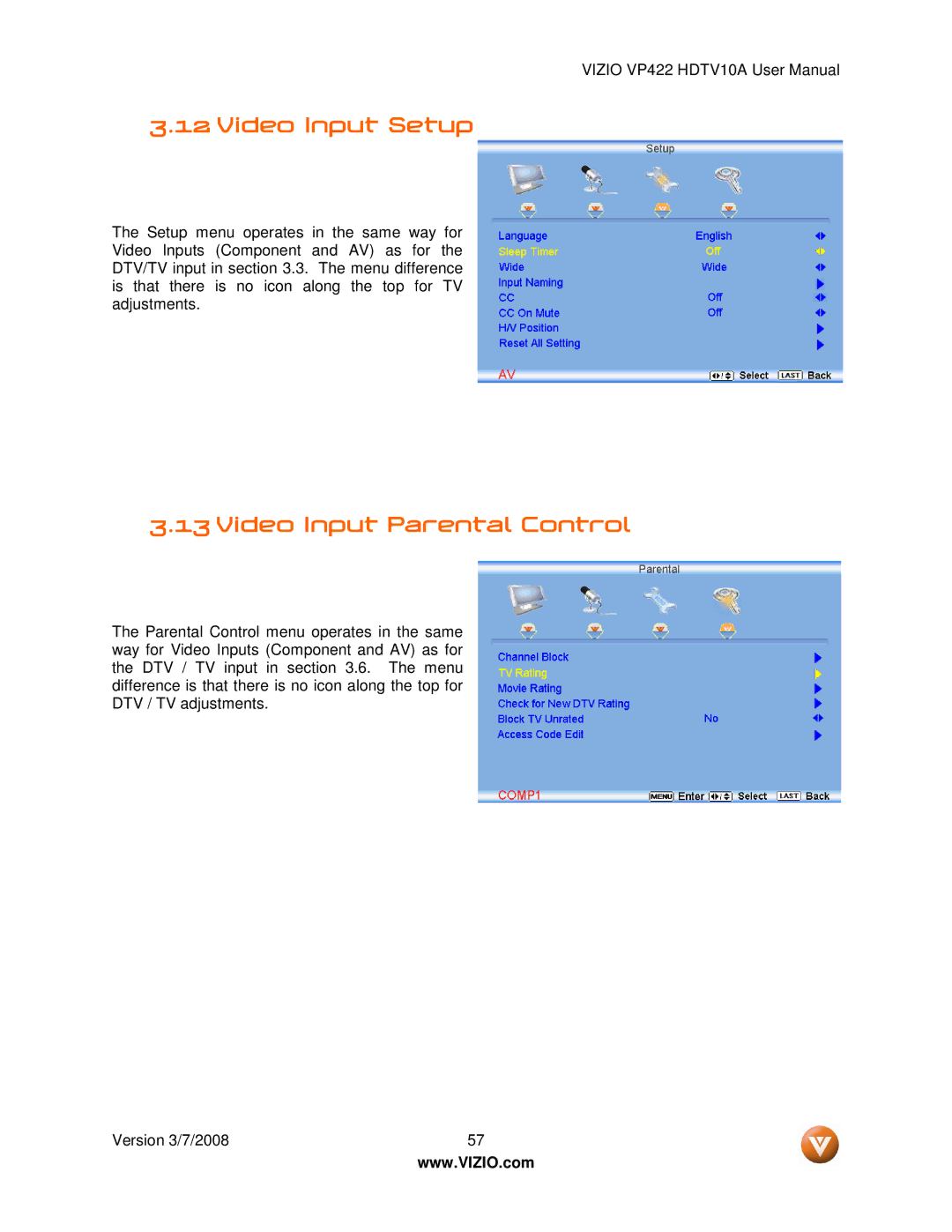 Vizio VP422 manual Video Input Setup, Video Input Parental Control 