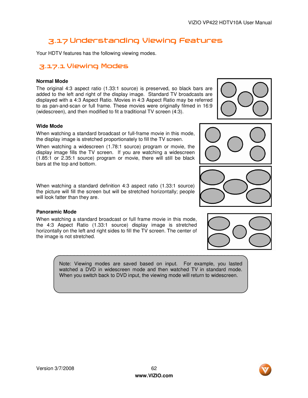 Vizio VP422 manual Understanding Viewing Features, Viewing Modes, Normal Mode, Wide Mode, Panoramic Mode 