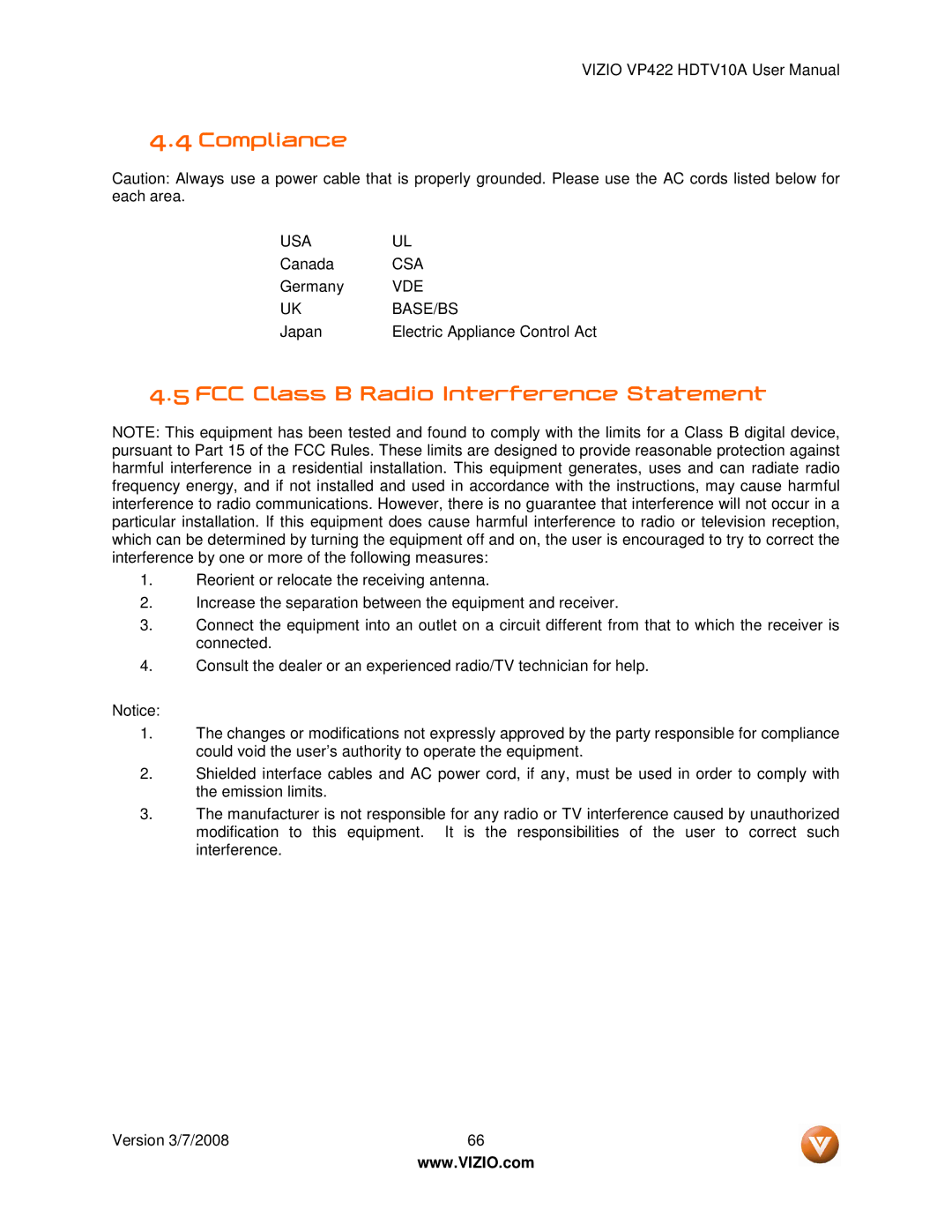 Vizio VP422 manual Compliance, FCC Class B Radio Interference Statement 