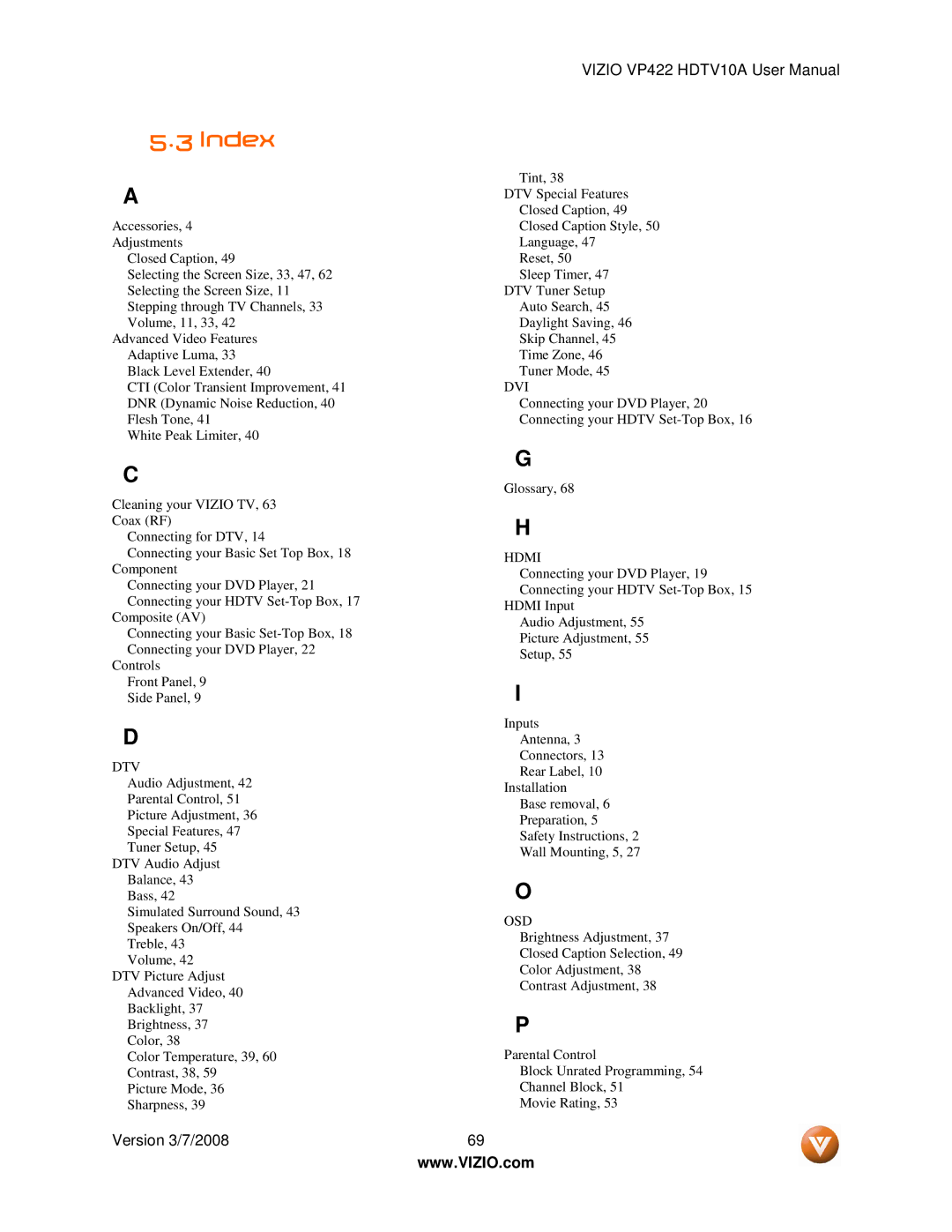 Vizio VP422 manual Index, Dvi 