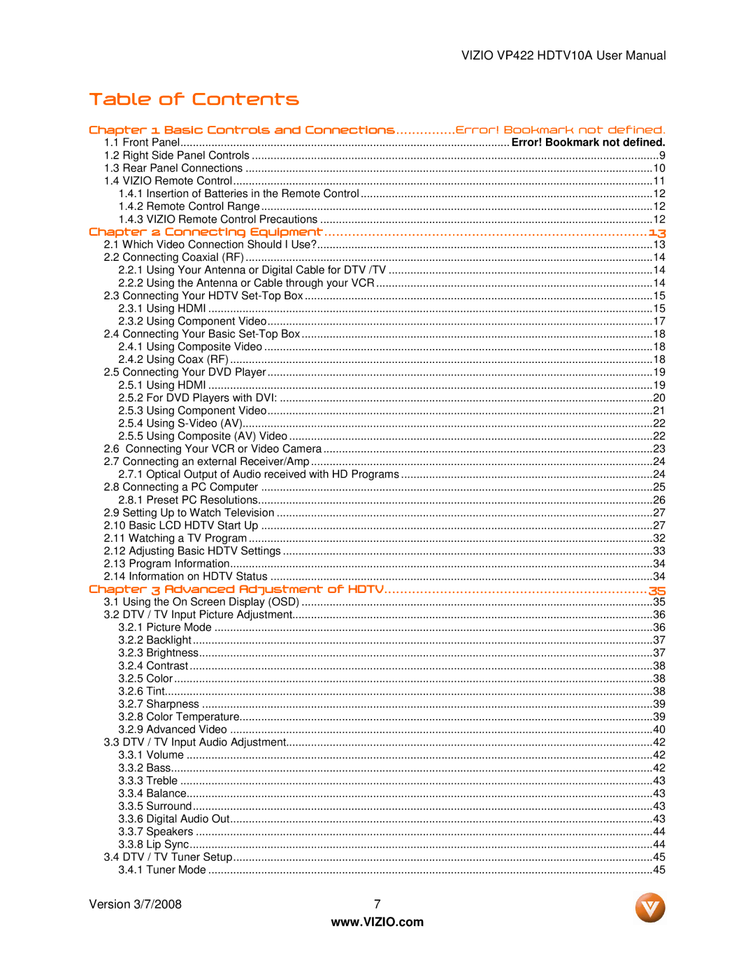 Vizio VP422 manual Table of Contents 