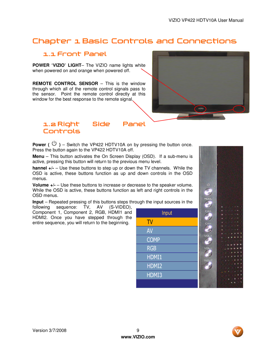 Vizio VP422 manual Front Panel, Right Side Panel Controls 