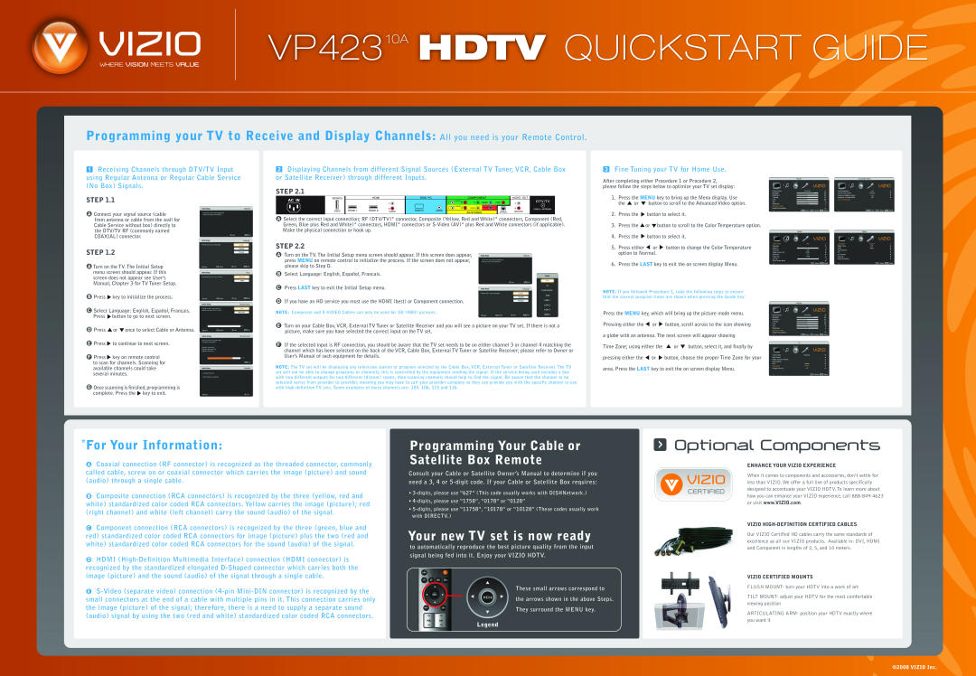 Vizio VP423 10A Programming Your Cable or Satellite Box Remote, VP42310A HDTV QUICKSTART GUIDE, Optional Components, Step 