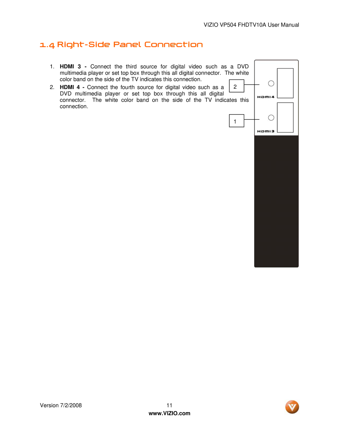 Vizio VP504 FHDTV10A manual Right-Side Panel Connection 