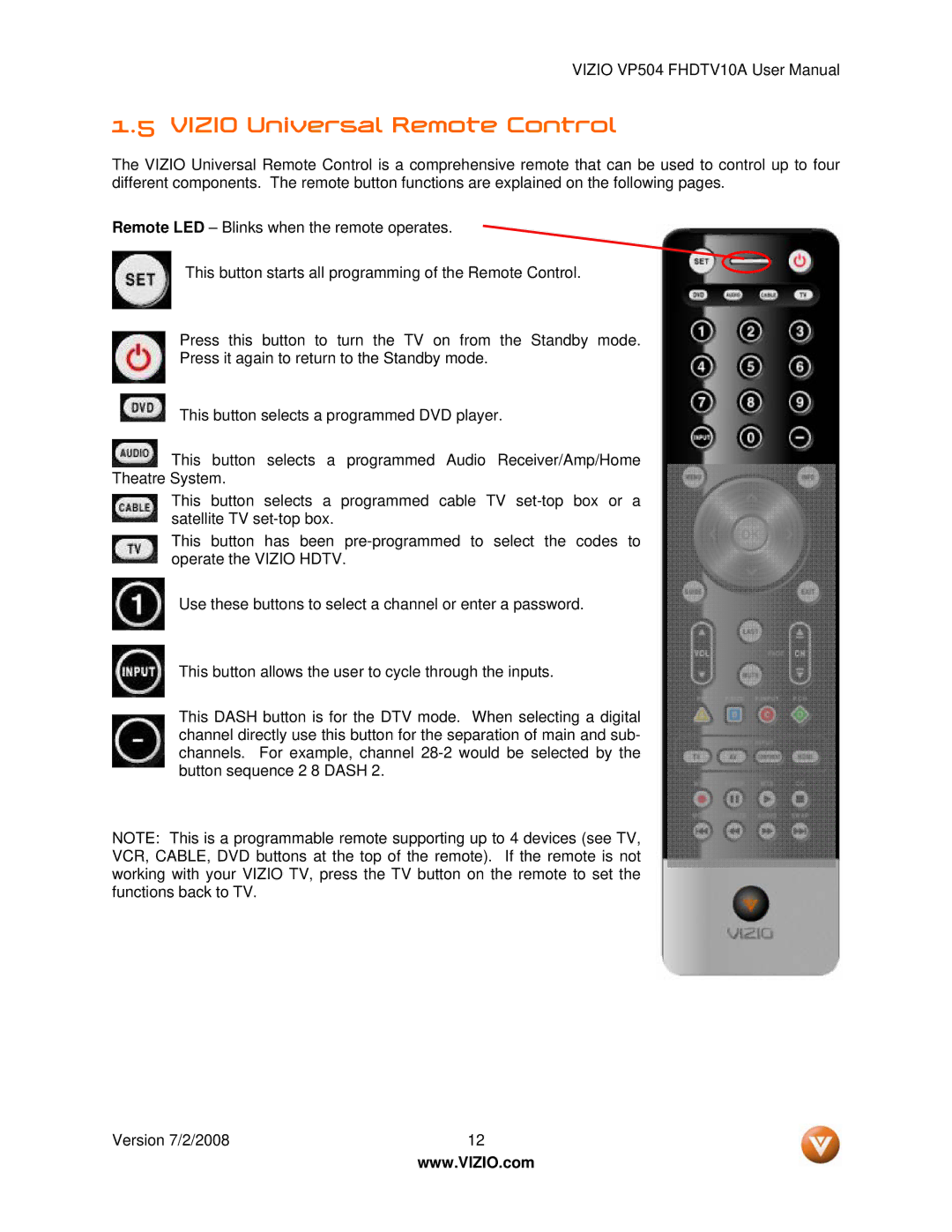 Vizio VP504 FHDTV10A manual Vizio Universal Remote Control 