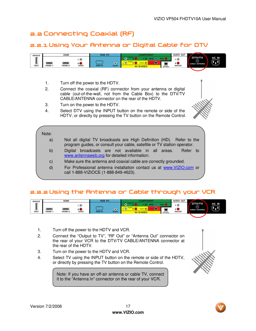 Vizio VP504 FHDTV10A manual Connecting Coaxial RF, Using Your Antenna or Digital Cable for DTV 