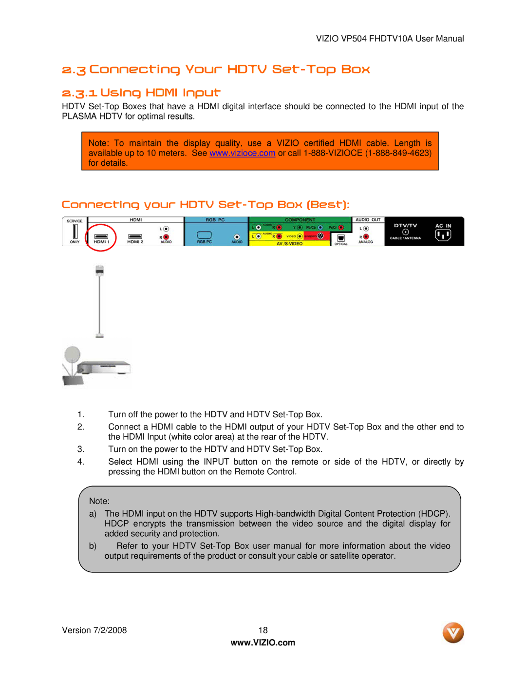 Vizio VP504 FHDTV10A manual Connecting Your Hdtv Set-Top Box, Using Hdmi Input 