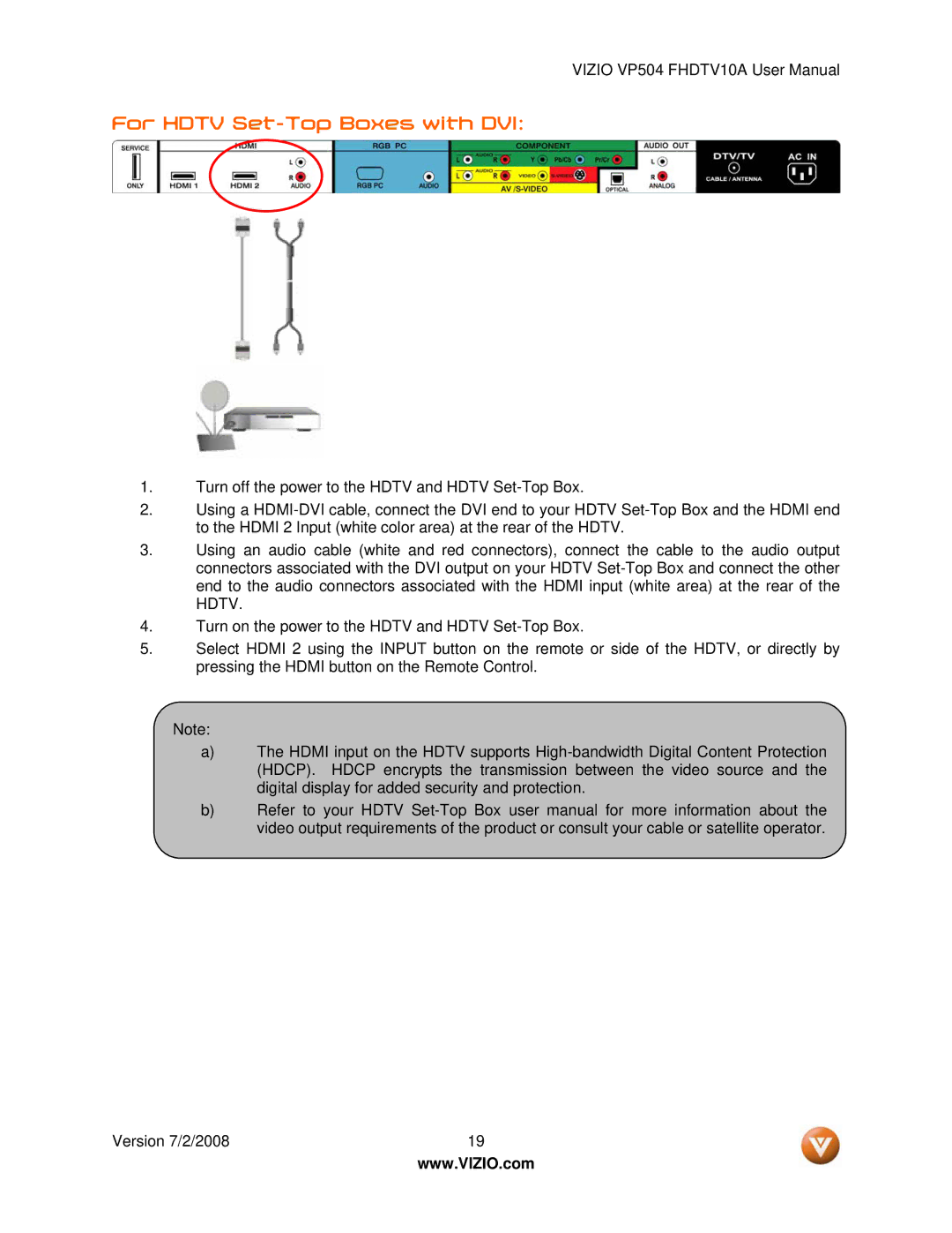 Vizio VP504 FHDTV10A manual For Hdtv Set-Top Boxes with DVI 