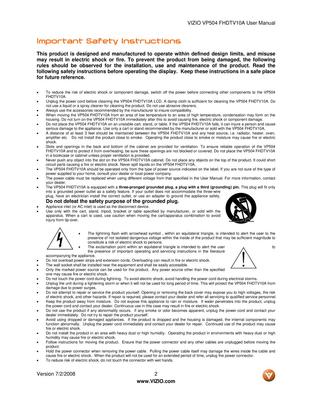 Vizio VP504 FHDTV10A manual Important Safety Instructions, Do not defeat the safety purpose of the grounded plug 