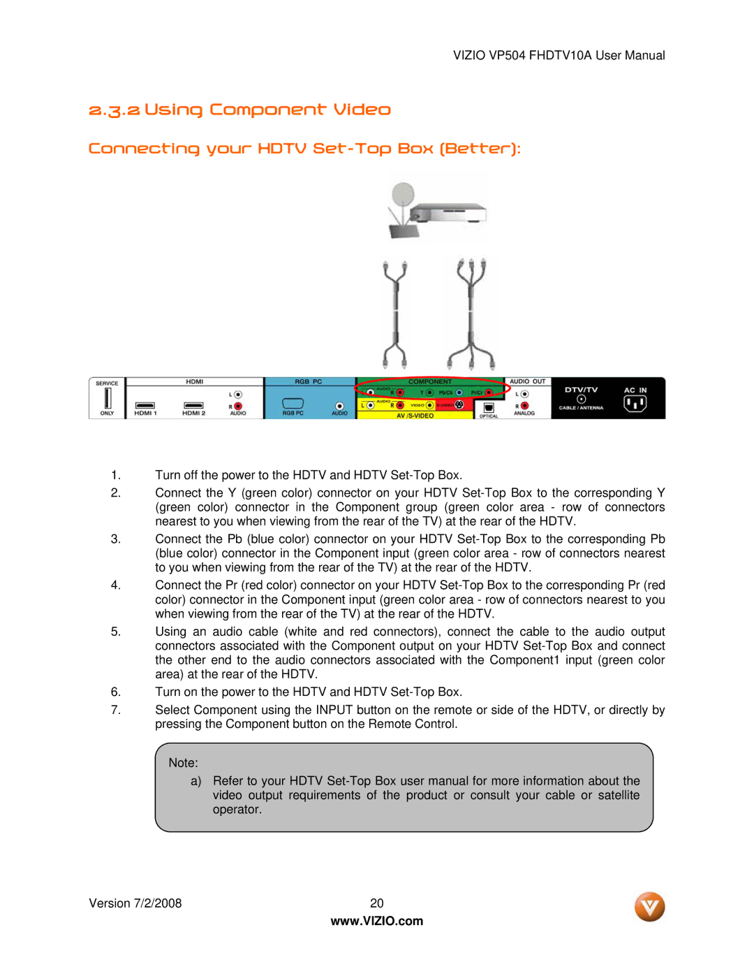 Vizio VP504 FHDTV10A manual Using Component Video, Connecting your Hdtv Set-Top Box Better 