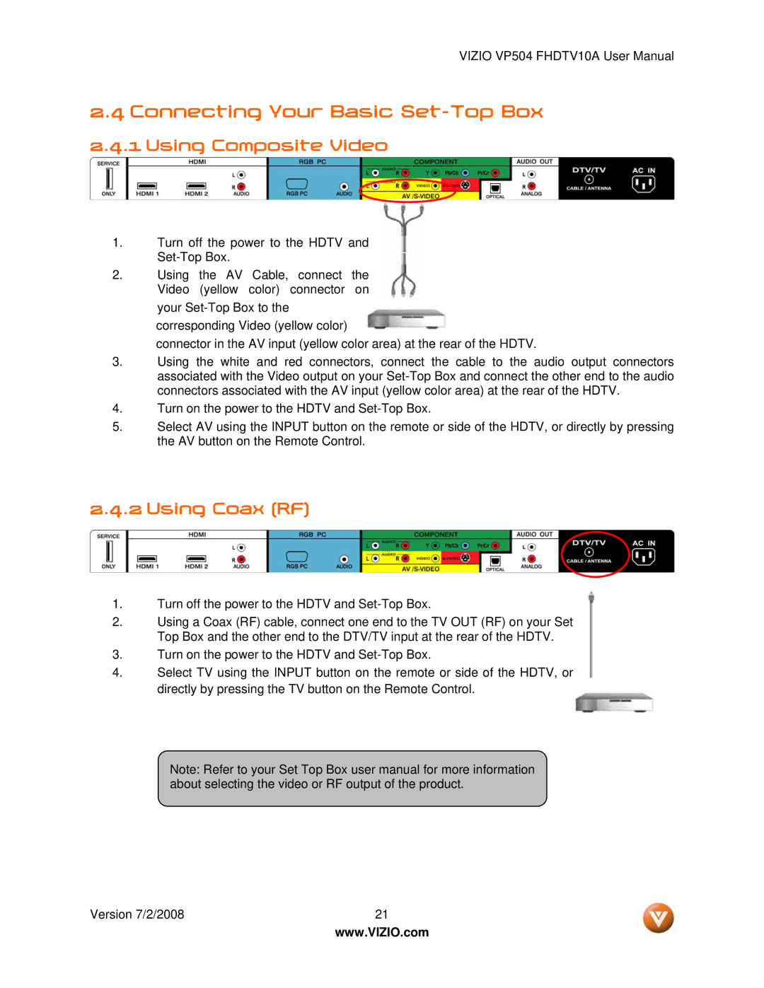 Vizio VP504 FHDTV10A manual Connecting Your Basic Set-Top Box, Using Composite Video, Using Coax RF 